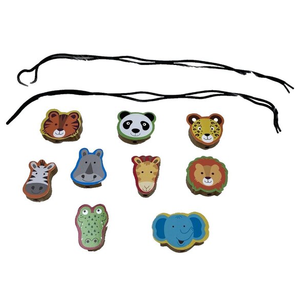String-A-Zoo 9 Wood Beads Lacing & String Zoo Animals Elephant Lion Tiger Panda - Picture 1 of 4